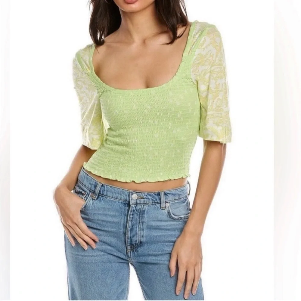 Free People Marigold Top Key Lime Combo Floral Smocked Cropped Size Medium